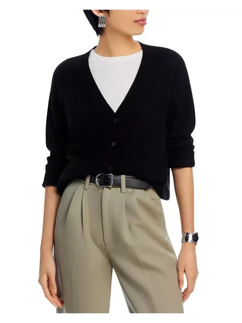 C by Bloomingdale's Women Black Cable Knit Cashmere V Neck Cardigan Size S